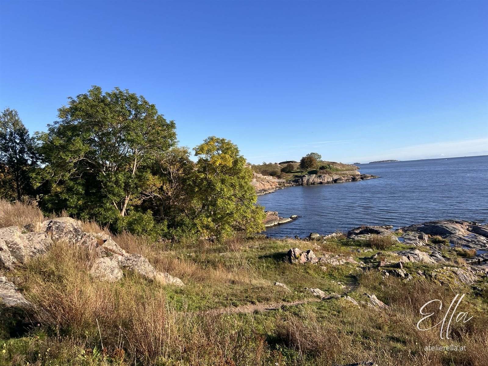 Felsige Küste mit Bäumen und Meer auf Suomenlinna bei Sonnenschein